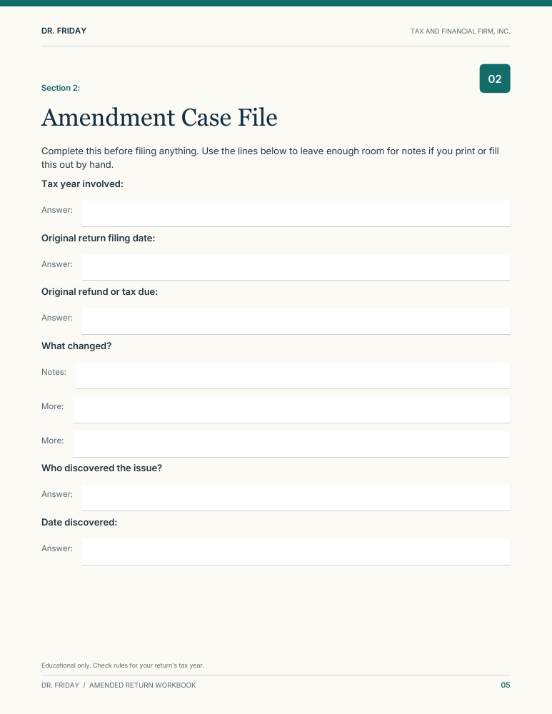 Sample blank worksheet from Amended Return Decision Workbook