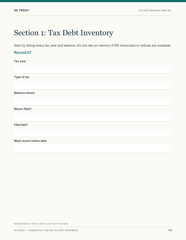 Sample blank worksheet from Bankruptcy and IRS Tax Debt Workbook