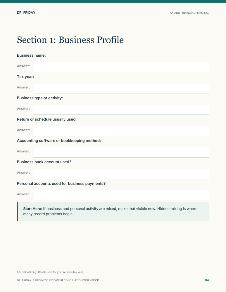 Sample blank worksheet from Business Income Reconciliation Workbook