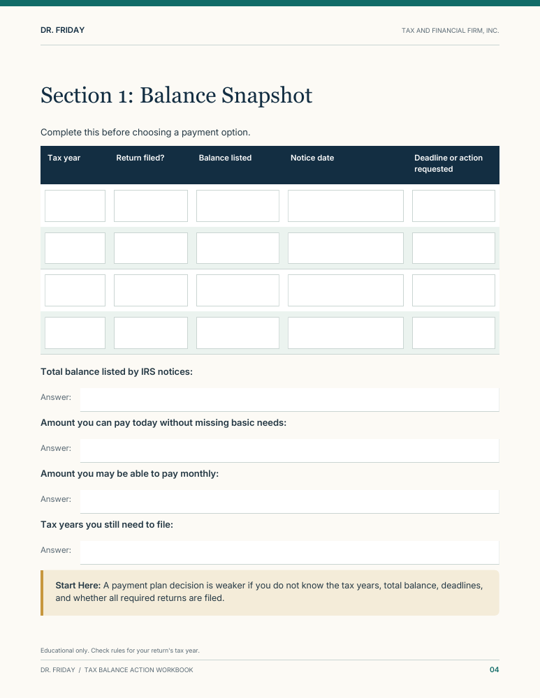 Sample blank worksheet from Tax Balance Action Workbook