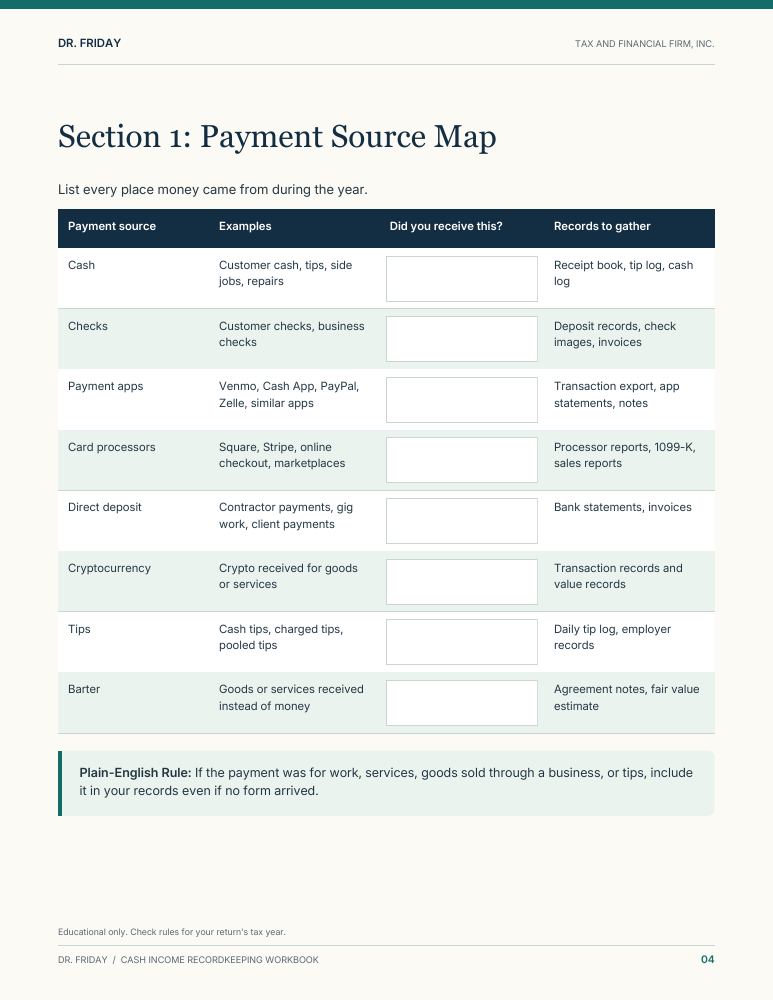 Sample blank worksheet from Cash Income Recordkeeping Workbook