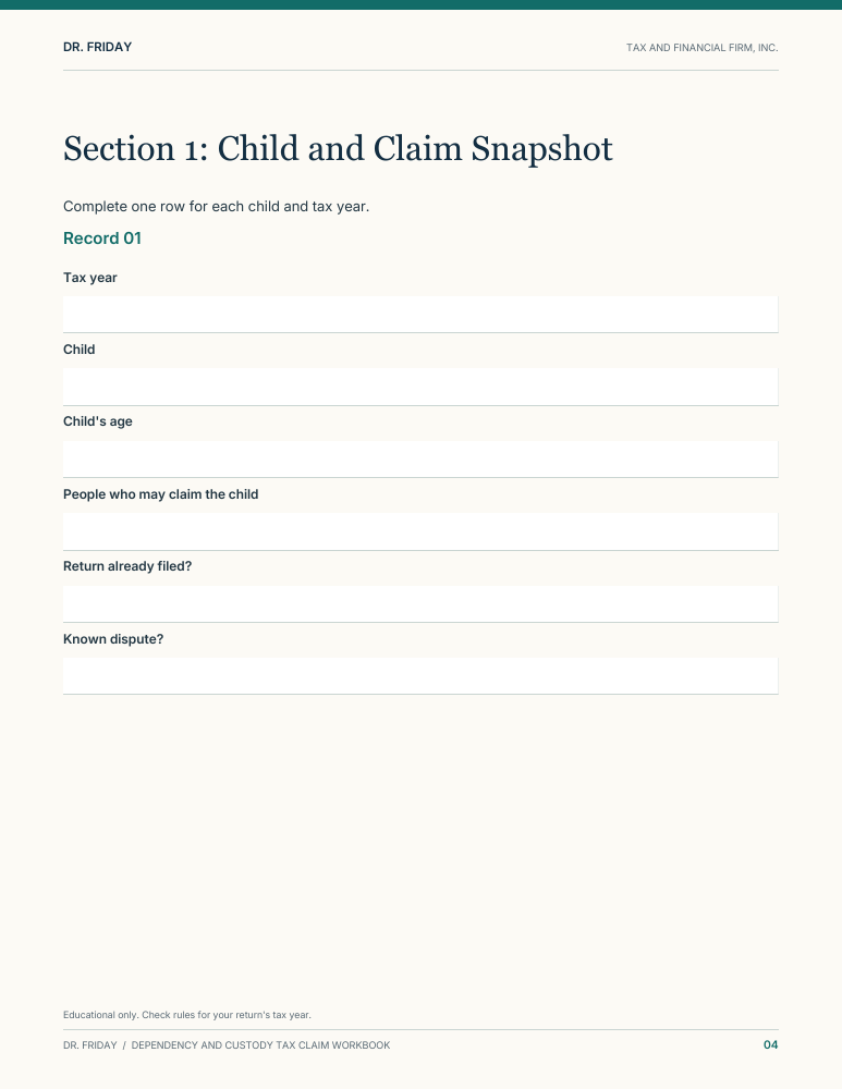 Sample blank worksheet from Dependency and Custody Tax Claim Workbook