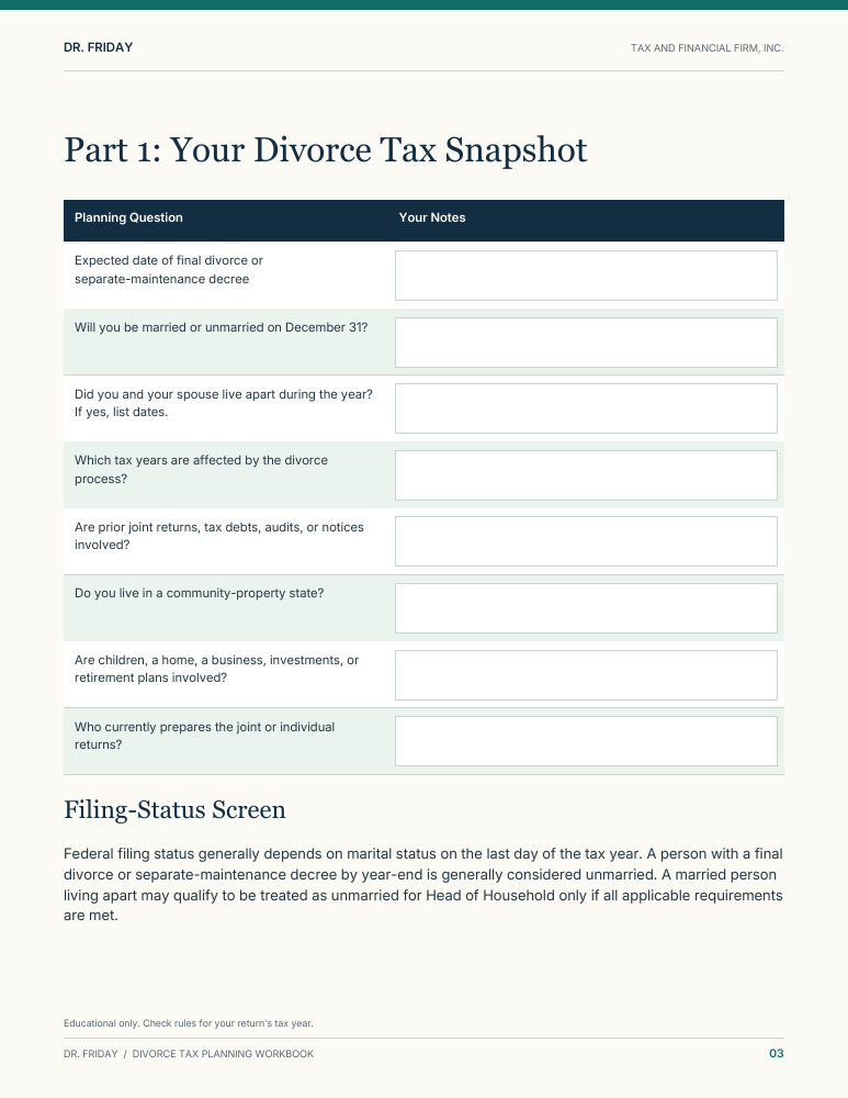 Sample blank worksheet from Divorce Tax Planning Workbook