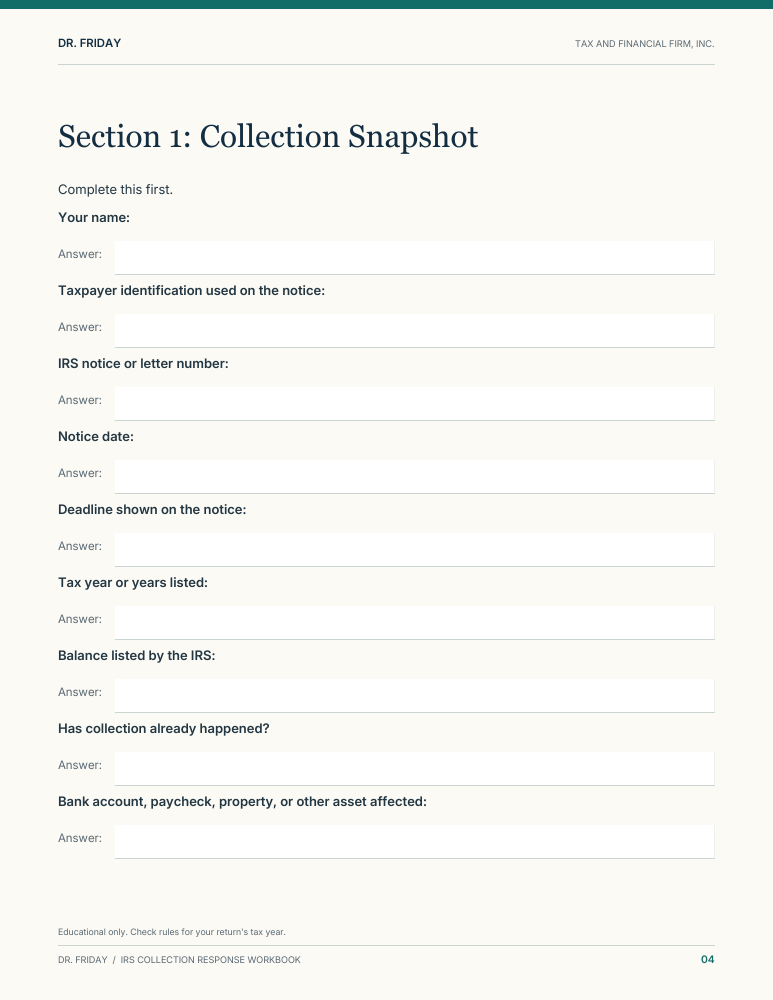 Sample blank worksheet from IRS Collection Response Workbook