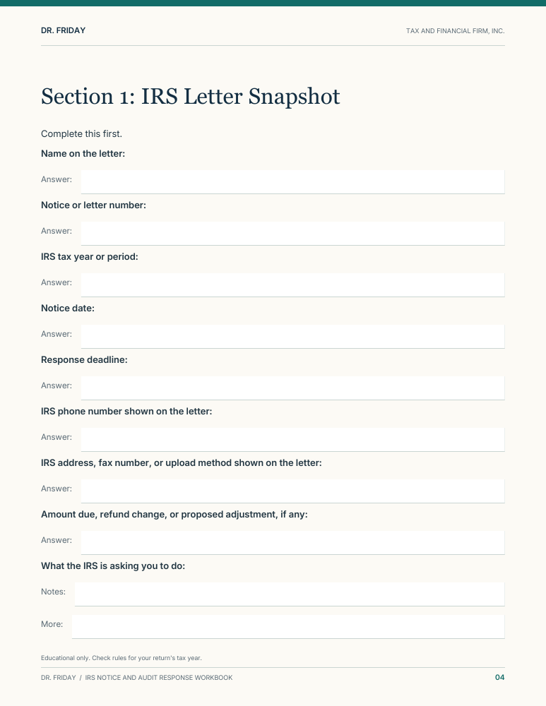 Sample blank worksheet from IRS Notice and Audit Response Workbook