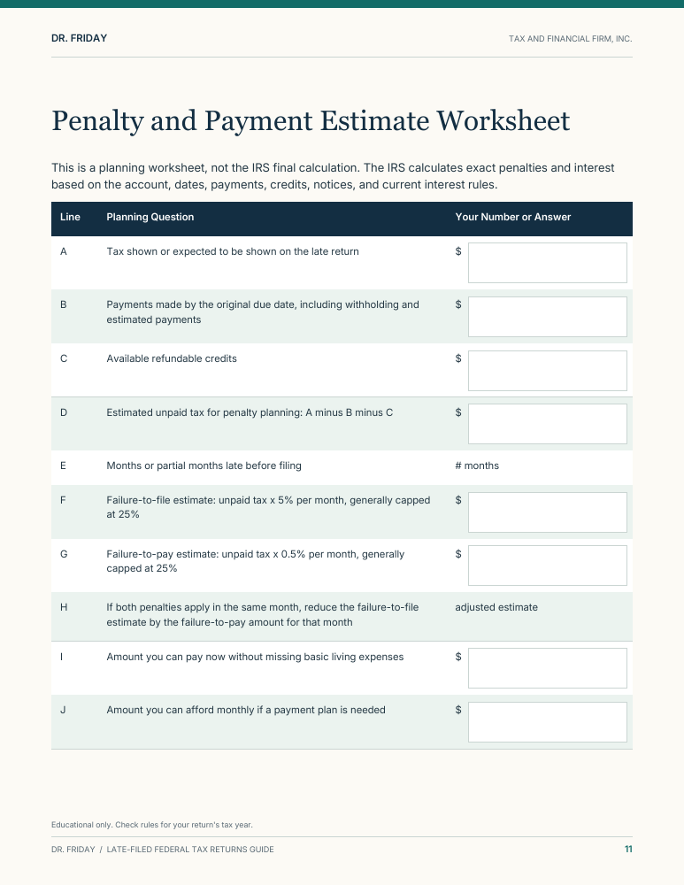 Sample blank worksheet from Late-Filed Federal Tax Returns Guide