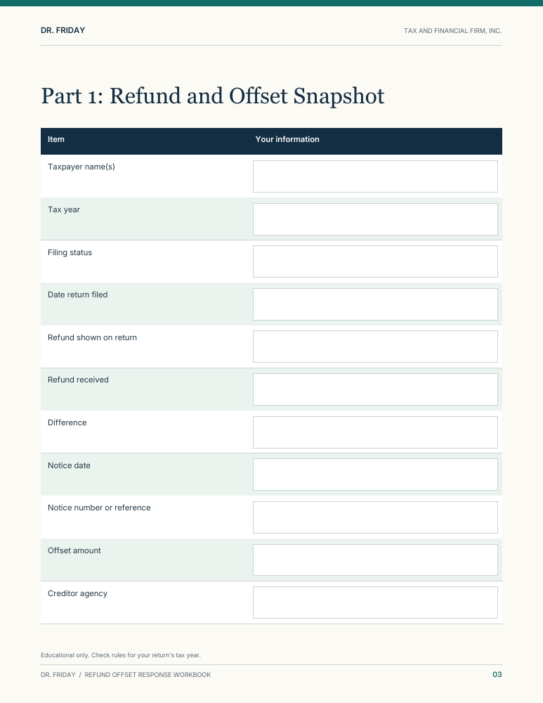 Sample blank worksheet from Refund Offset Response Workbook