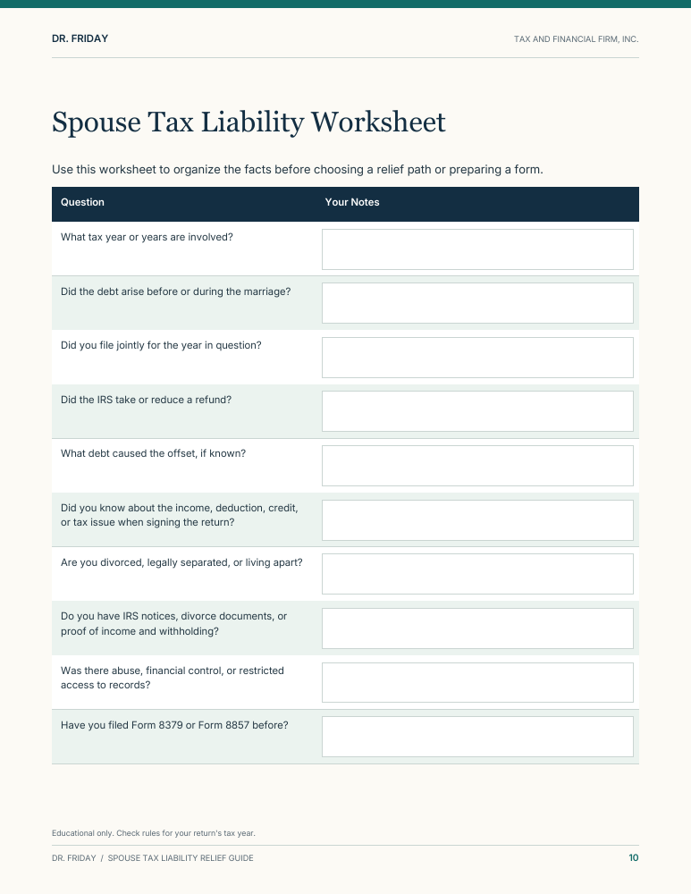 Sample blank worksheet from Spouse Tax Liability Relief Guide