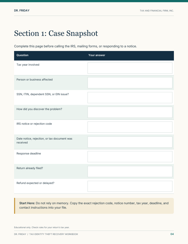 Sample blank worksheet from Tax Identity Theft Recovery Workbook